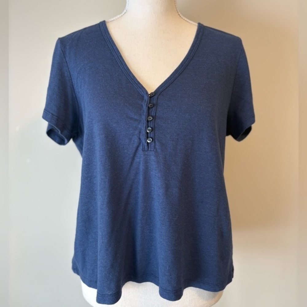 Old Navy Navy Blue Linen Blend V Neck Button Top Medium